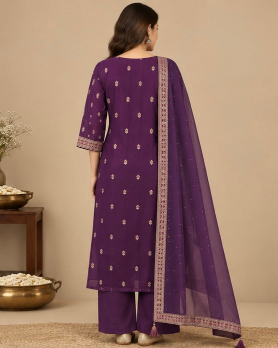 Purple Printed Silk Blend Suit Set for Women