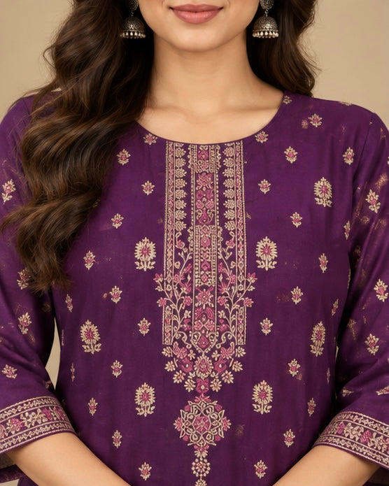 Purple Printed Silk Blend Suit Set for Women