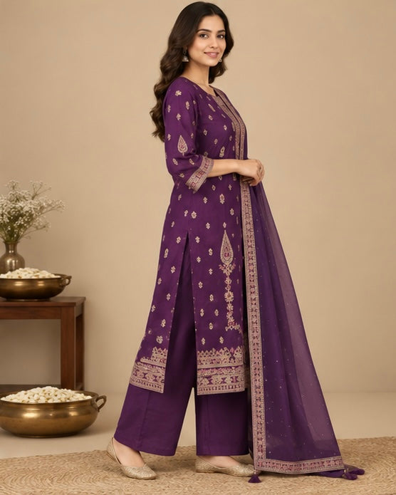 Purple Printed Silk Blend Suit Set for Women