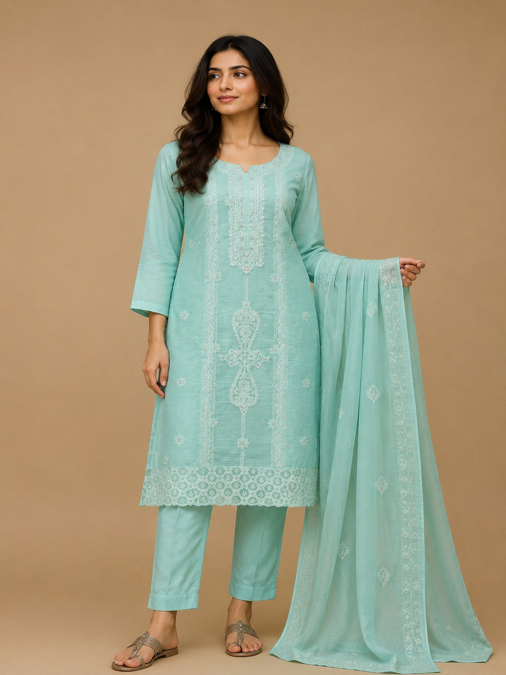 Aqua Mal Chanderi Unstitched Dress Material with White Embroidery