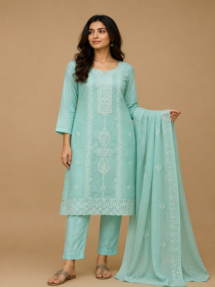 Aqua Mal Chanderi Unstitched Dress Material with White Embroidery