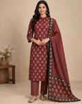 Red Printed Cotton Suit Set for Women