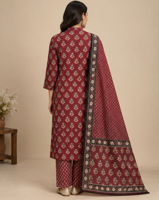 Red Printed Cotton Suit Set for Women