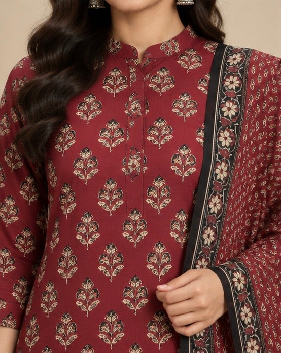 Red Printed Cotton Suit Set for Women