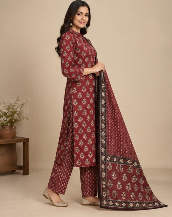 Red Printed Cotton Suit Set for Women