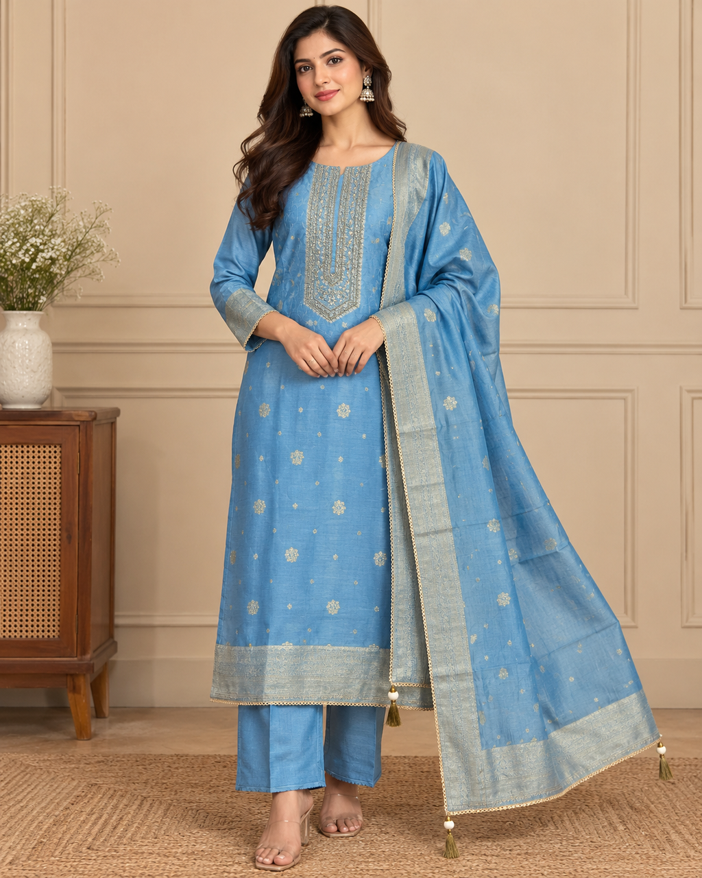 Slate Blue Silk Blend Unstitched Dress Material with Gold Motif Detailing