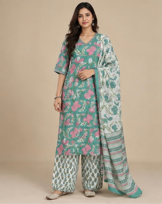 Floral Printed Cotton Salwar Suit Set for Women