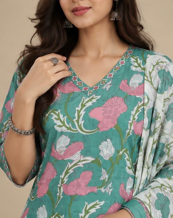 Floral Printed Cotton Salwar Suit Set for Women