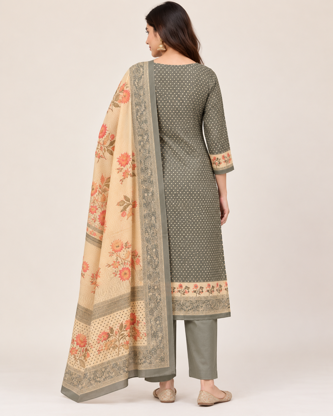 Sage Green Chanderi Silk Unstitched Dress Material with Floral Printed Dupatta