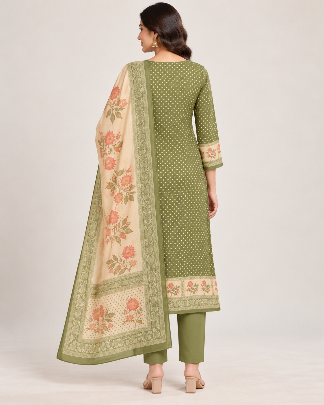 Olive Green Chanderi Silk Unstitched Dress Material with Floral Printed Dupatta