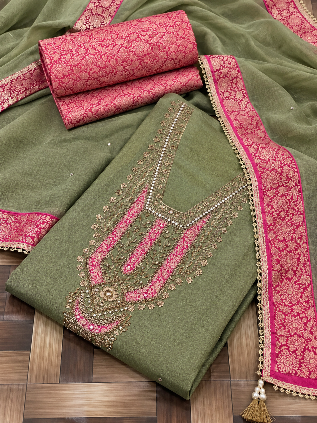 Moss Green Tissue Silk Unstitched Suit Material with Pink Brocade Detailing