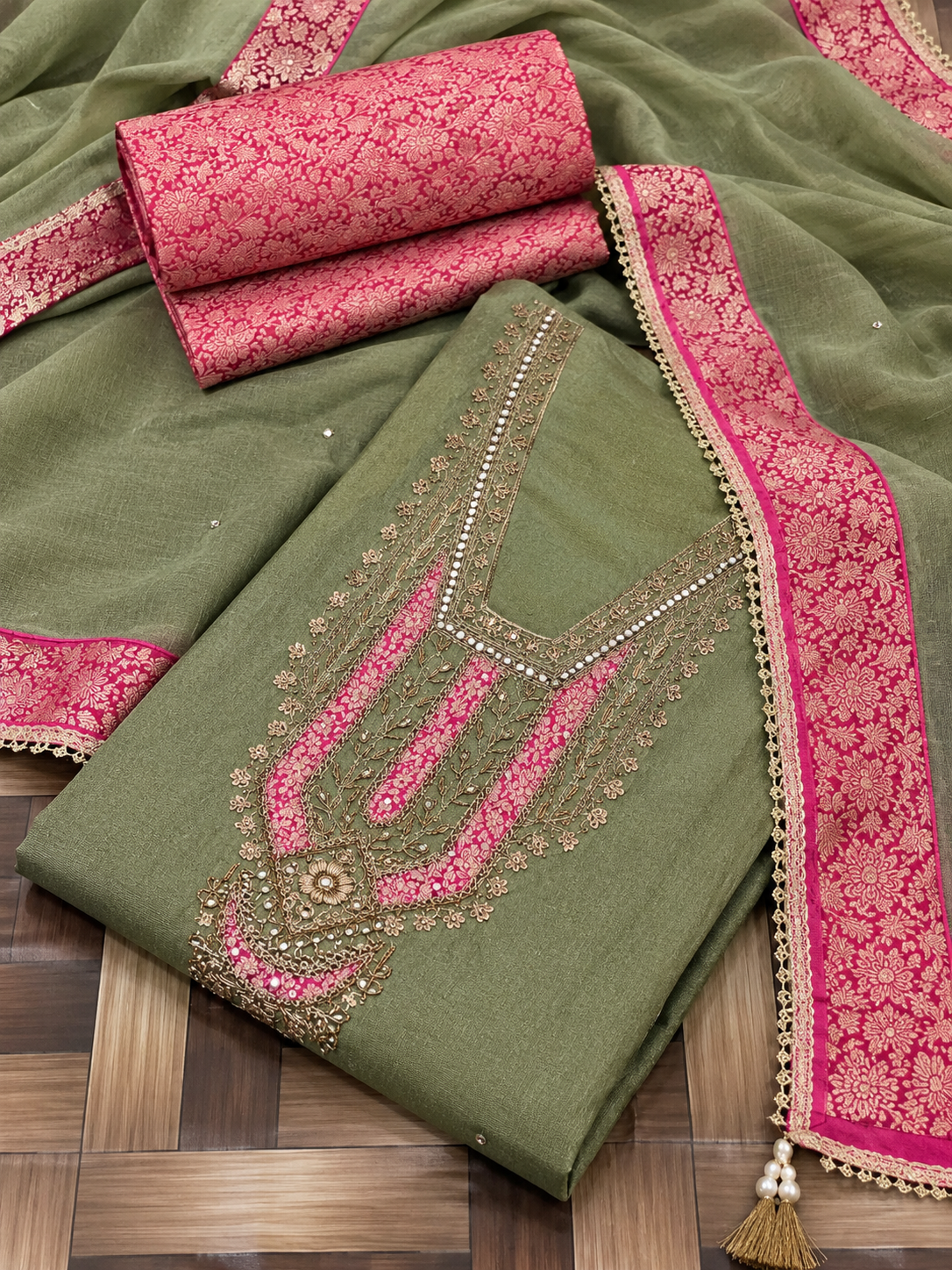 Moss Green Tissue Silk Unstitched Suit Material with Pink Brocade Detailing