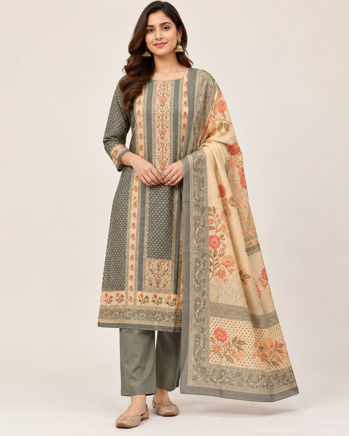 Sage Green Chanderi Silk Unstitched Dress Material with Floral Printed Dupatta