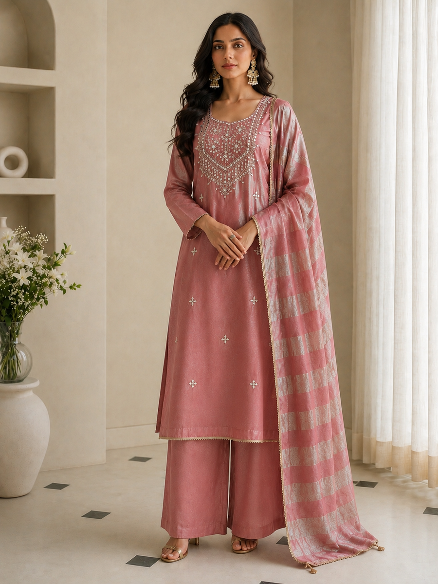 Blush Pink Tissue Silk Unstitched Dress Material