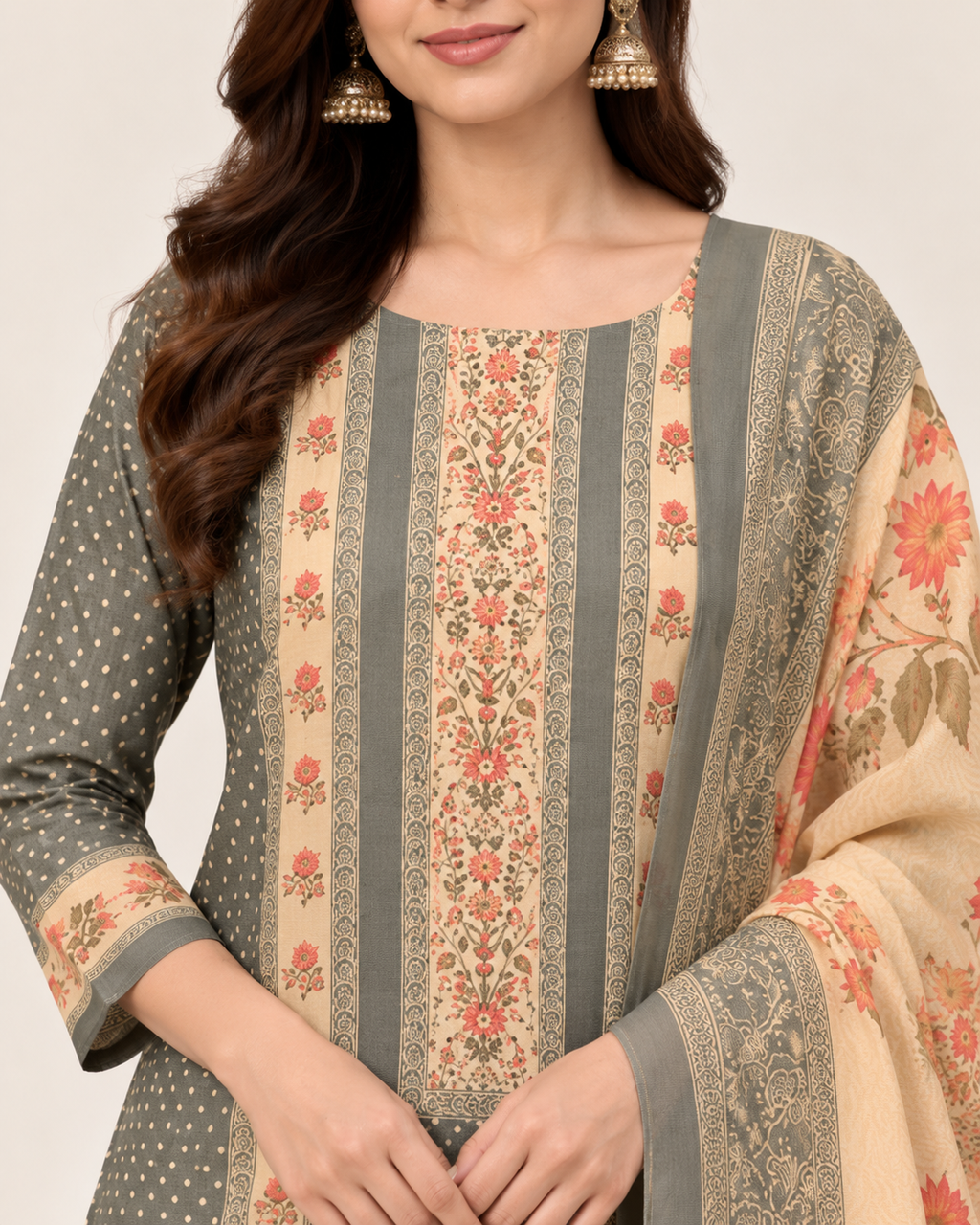Sage Green Chanderi Silk Unstitched Dress Material with Floral Printed Dupatta