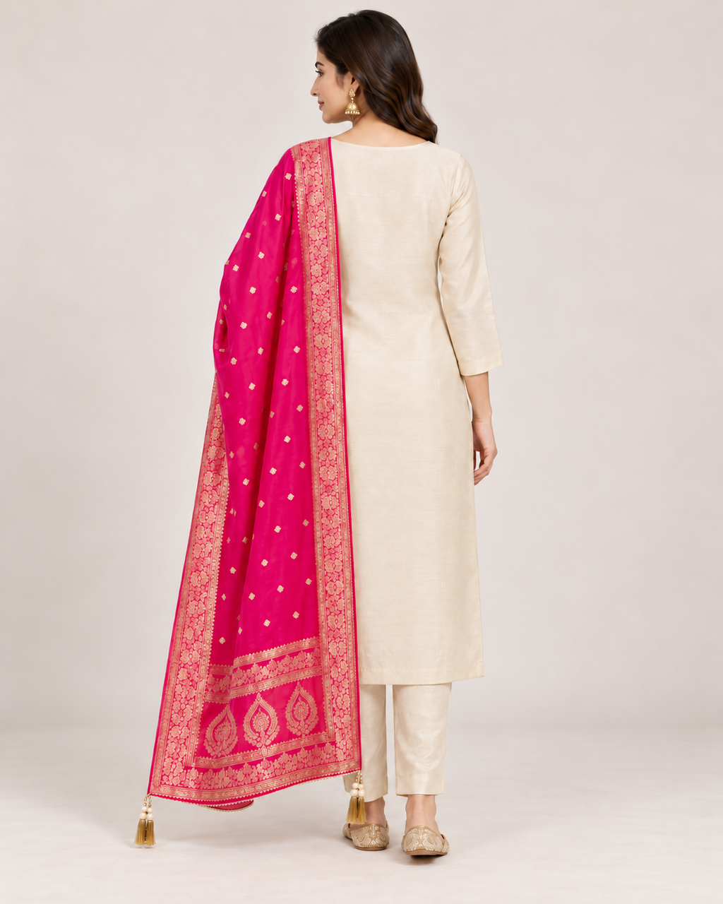 Beige Tissue Silk Unstitched Suit Set with Pink Dupatta