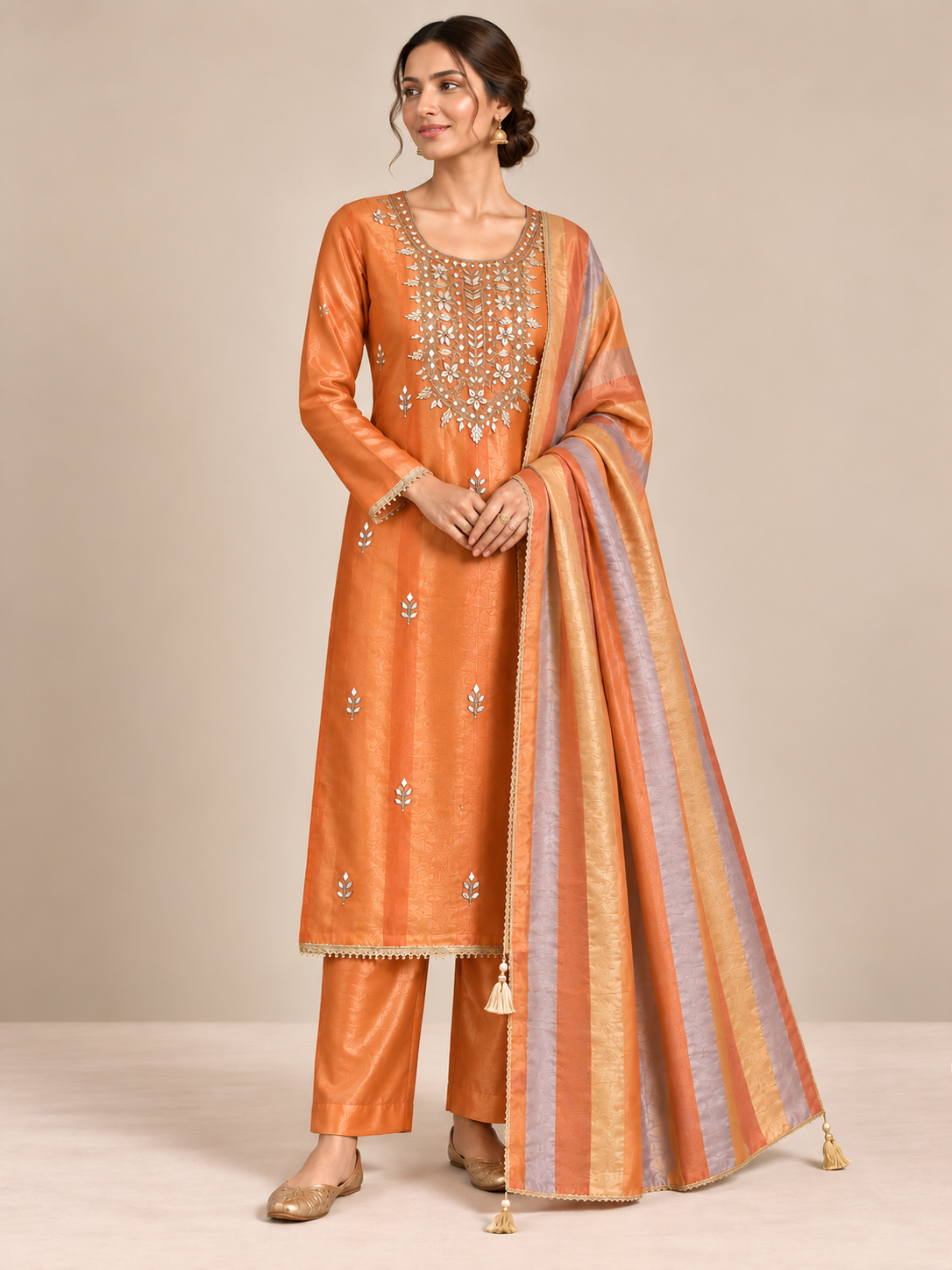 Orange Tissue Silk Embroidered Unstitched Suit Set