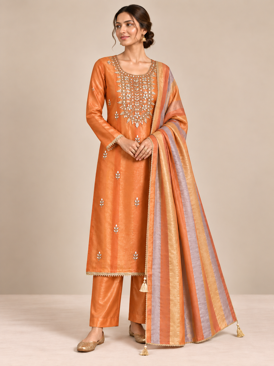 Orange Tissue Silk Embroidered Unstitched Suit Set