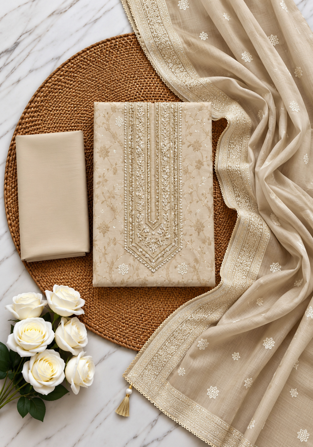 Fawn Silk Blend Unstitched Dress Material with Intricate Embroidery