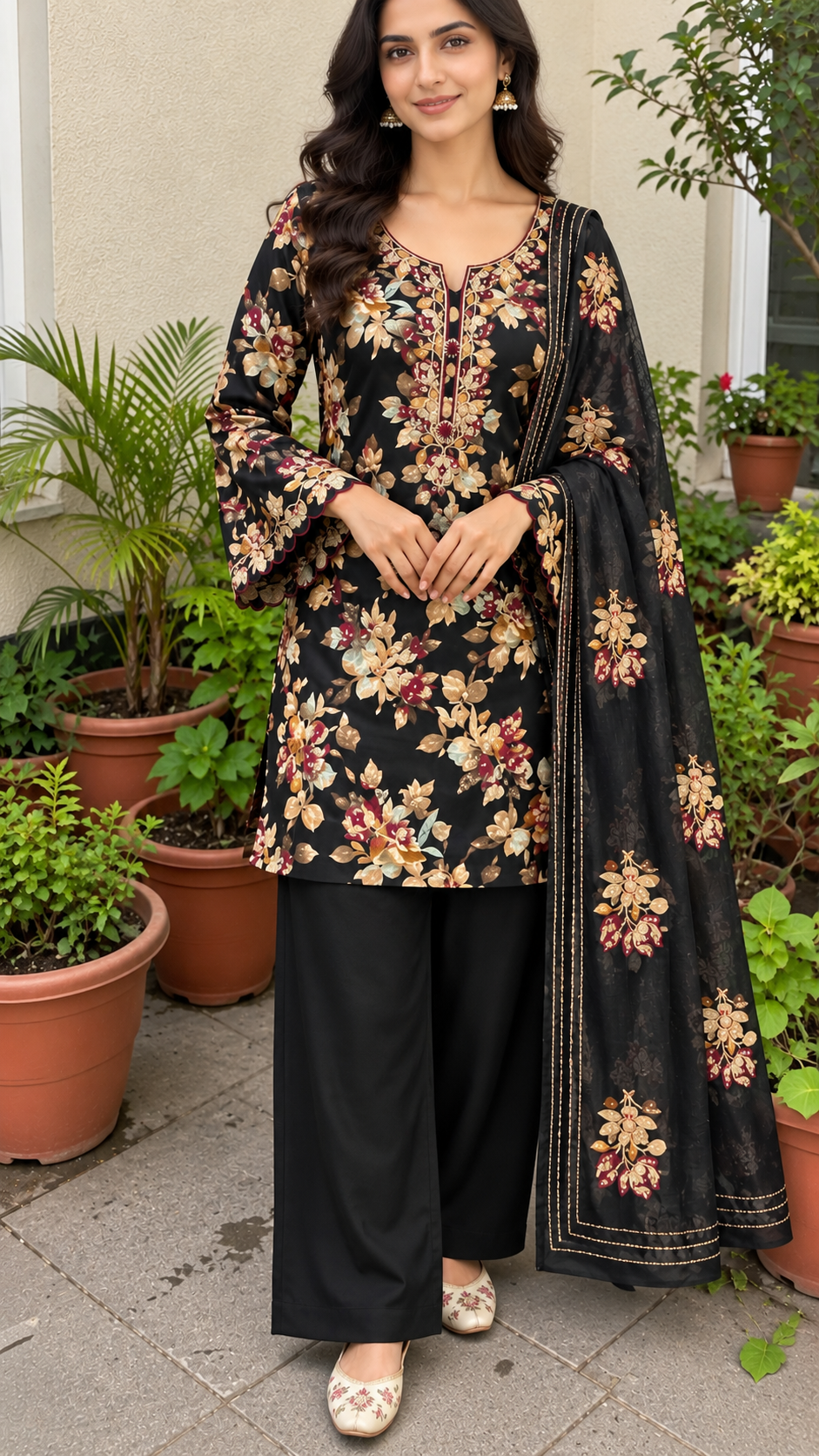 Black Floral Cotton Blend Unstitched Suit Set for Women