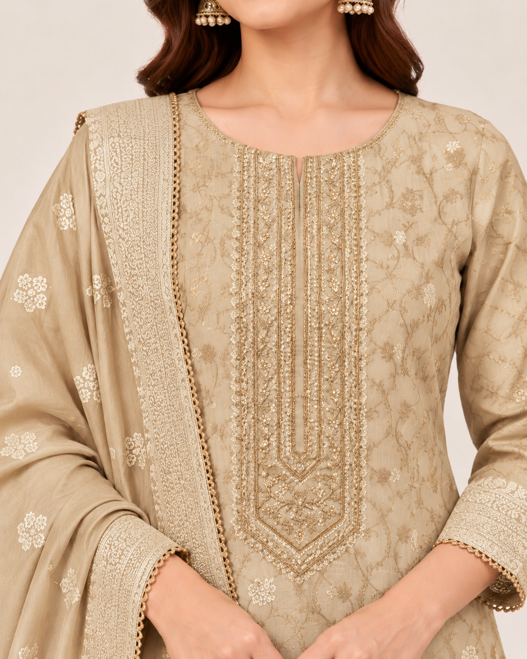 Fawn Silk Blend Unstitched Dress Material with Intricate Embroidery