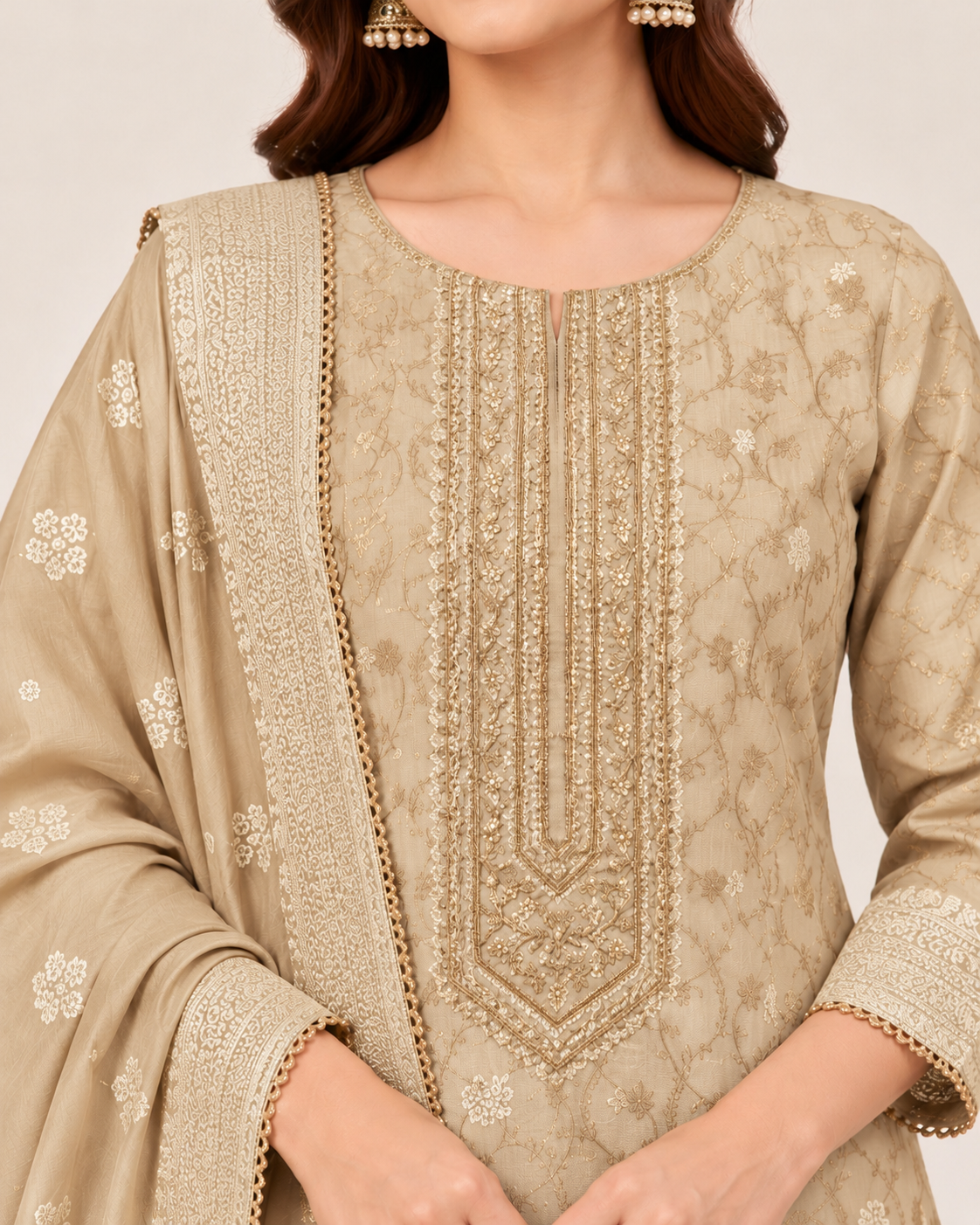 Fawn Silk Blend Unstitched Dress Material with Intricate Embroidery