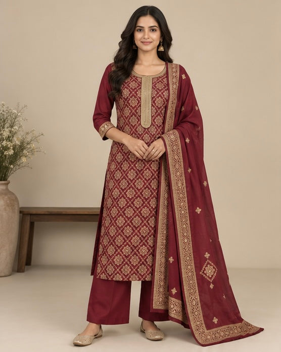 Burgundy Printed Silk Blend Suit Set for Women