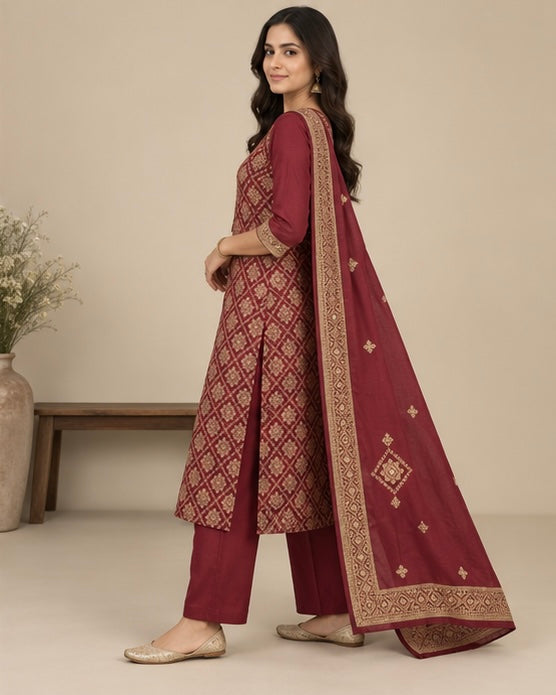 Burgundy Printed Silk Blend Suit Set for Women