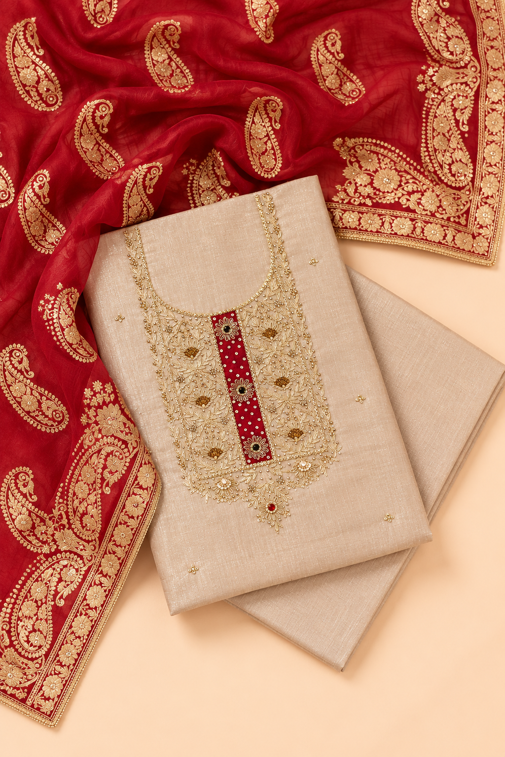 Fawn Tissue Silk Unstitched Suit Set for Women