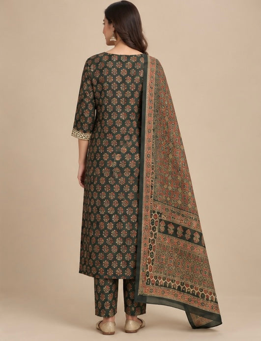 Green Printed Cotton Blend SKD Set