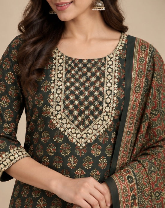 Green Printed Cotton Blend SKD Set