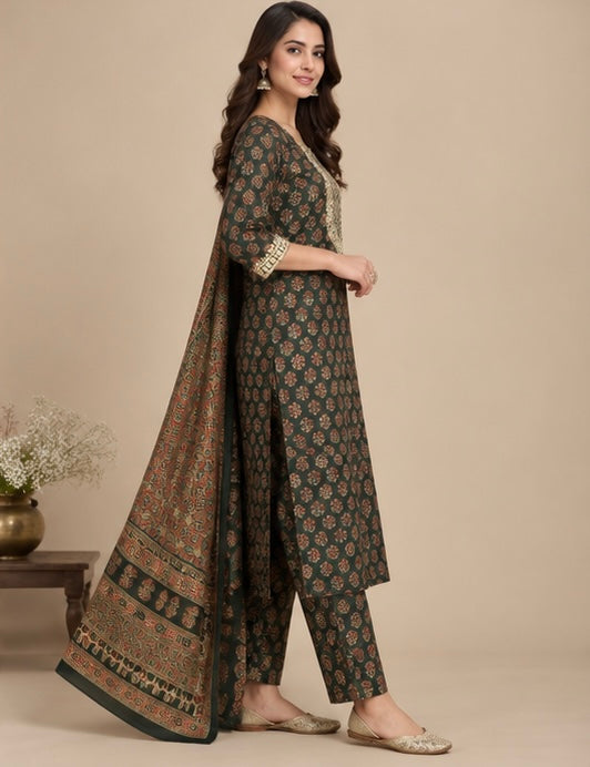 Green Printed Cotton Blend SKD Set