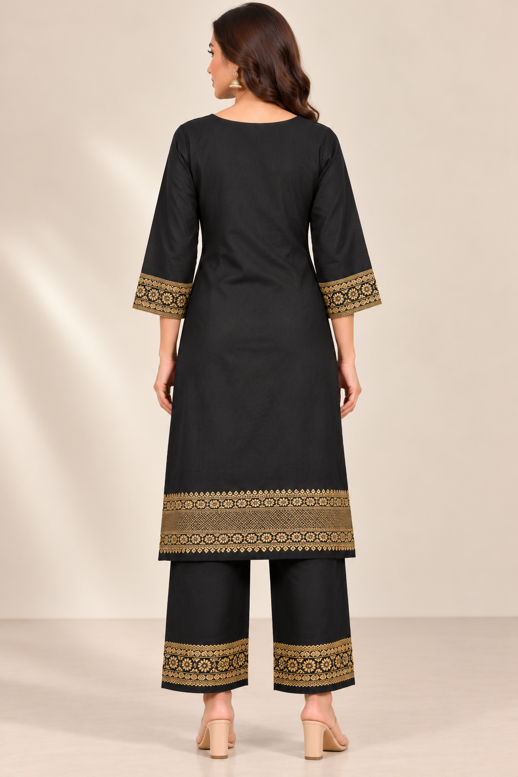 Ash Black Jacquard Winter Suit Set with Gold Floral Print