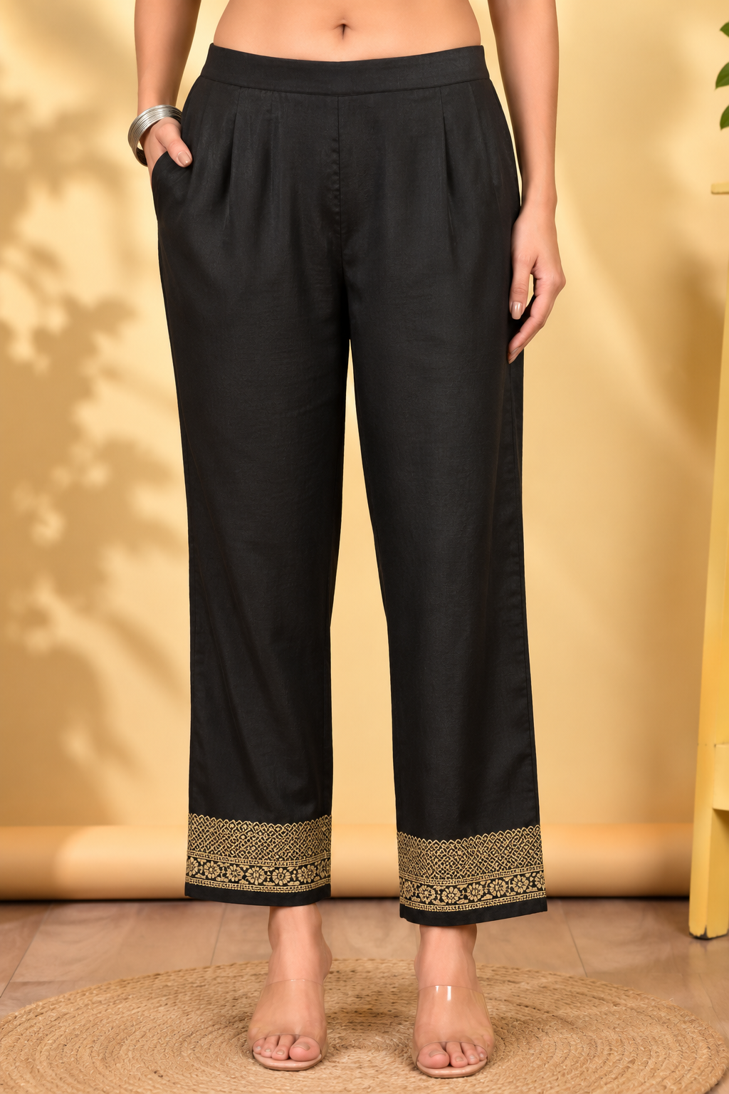 Ash Black Jacquard Winter Suit Set with Gold Floral Print