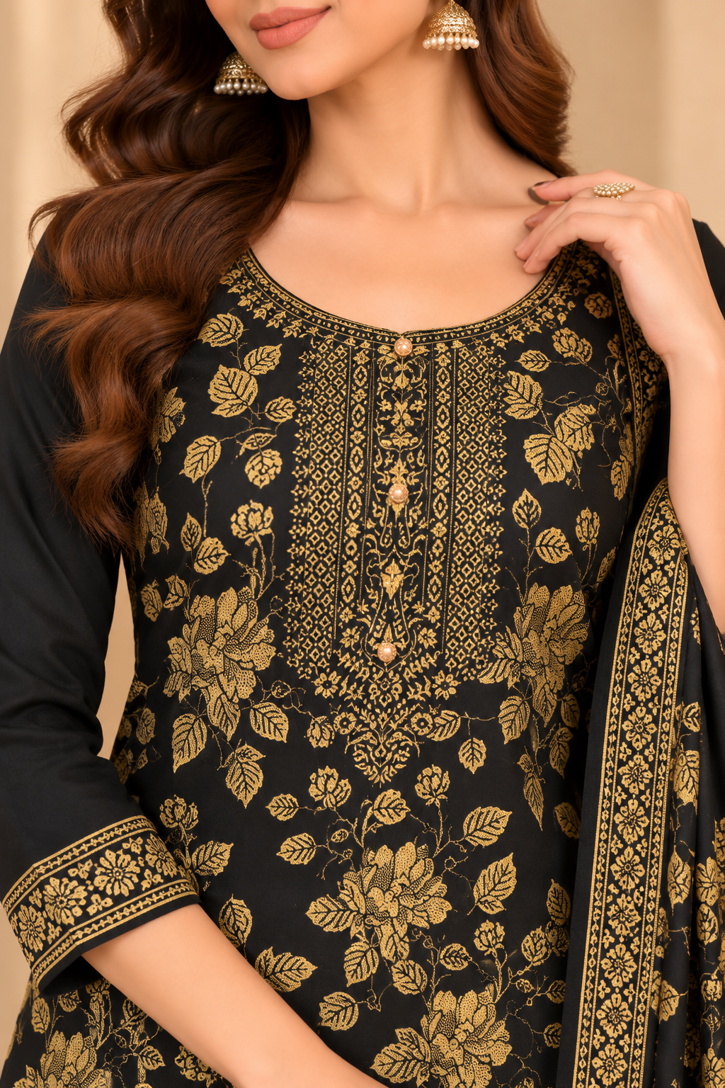 Ash Black Jacquard Winter Suit Set with Gold Floral Print