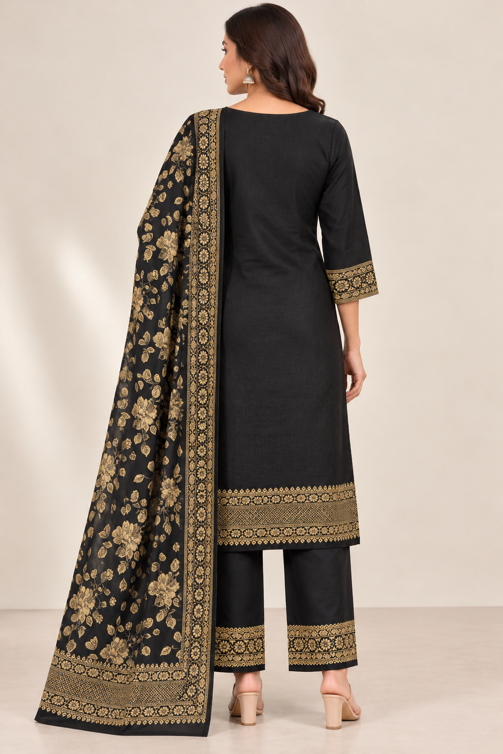 Ash Black Jacquard Winter Suit Set with Gold Floral Print