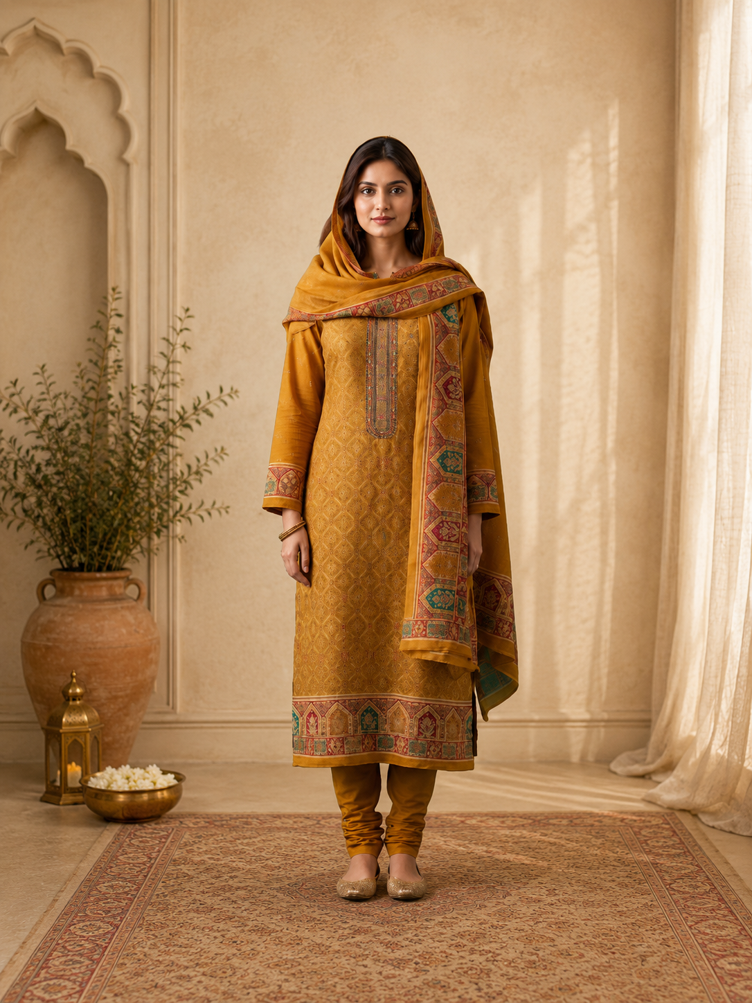Mustard Jacquard Silk Unstitched Suit Set