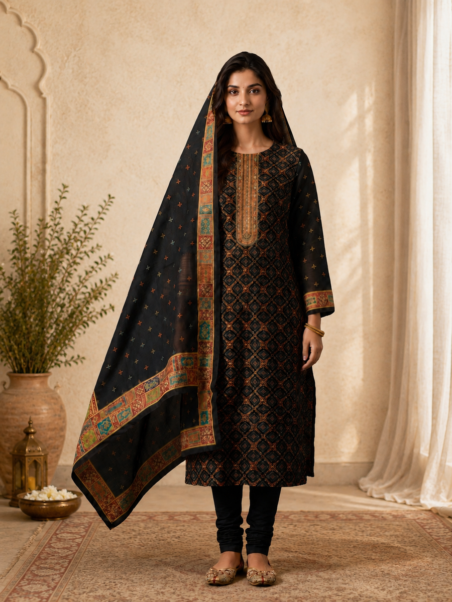 Black Jacquard Silk Unstitched Suit Set