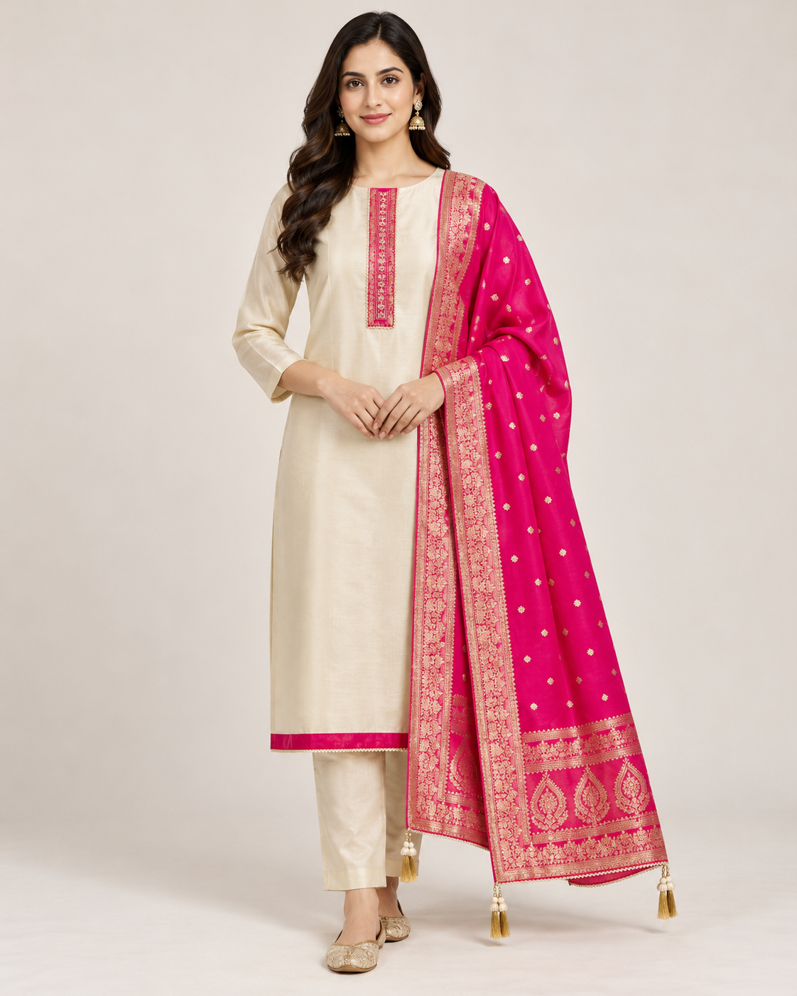 Beige Tissue Silk Unstitched Suit Set with Pink Dupatta