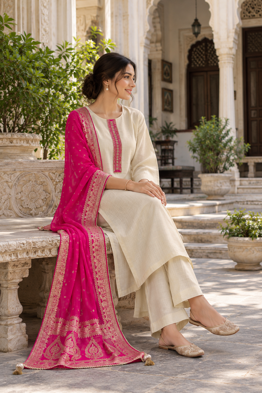 Beige Tissue Silk Unstitched Suit Set with Pink Dupatta