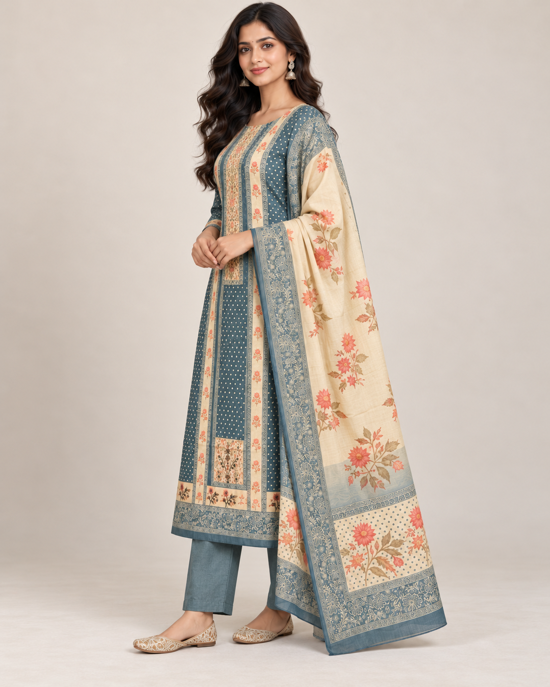Jet Grey Chanderi Silk Unstitched Dress Material with Floral Printed Dupatta