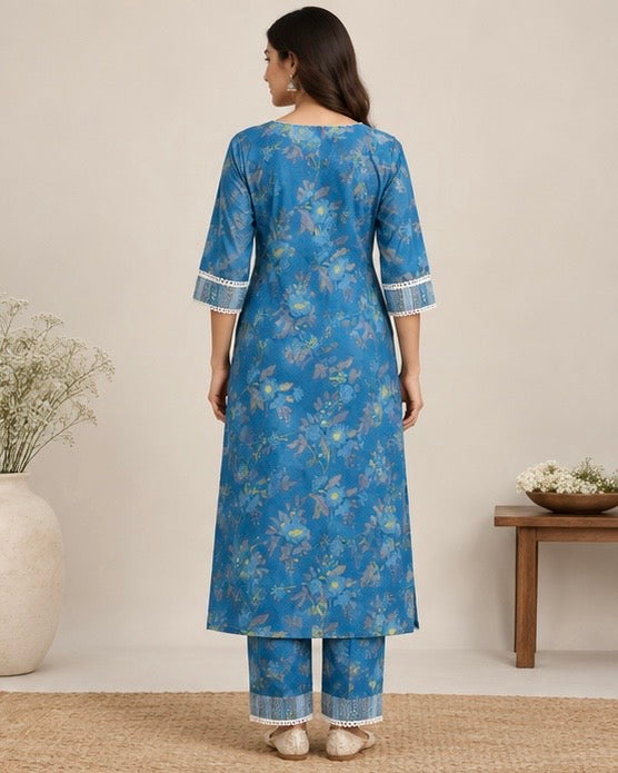Blue Floral Printed Cotton Cord Set for Women