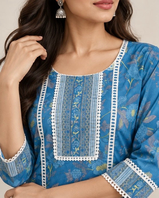 Blue Floral Printed Cotton Cord Set for Women
