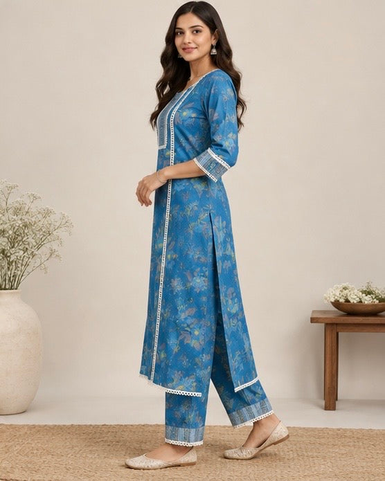 Blue Floral Printed Cotton Cord Set for Women
