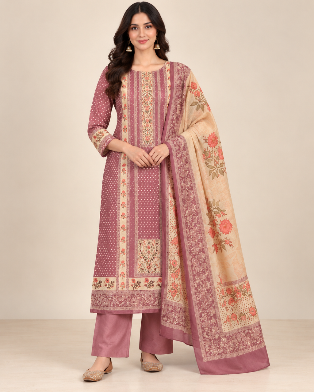 Taupe Chanderi Silk Unstitched Dress Material with Floral Printed Dupatta