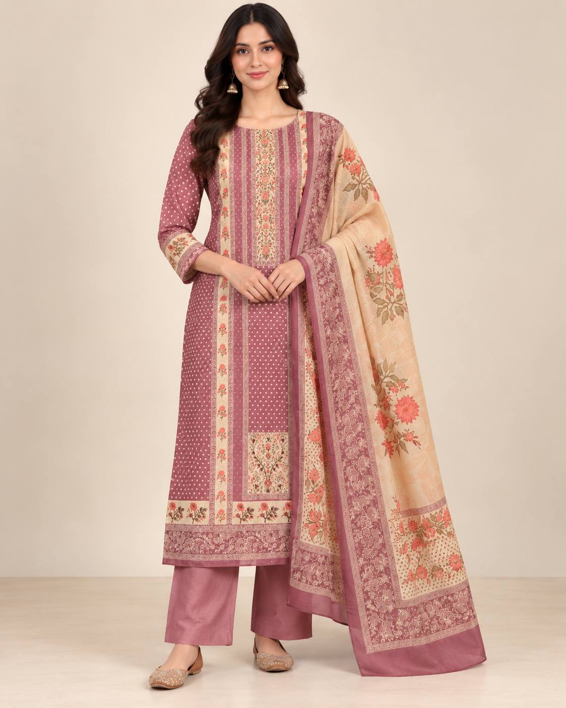 Taupe Chanderi Silk Unstitched Dress Material with Floral Printed Dupatta