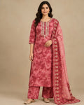 Brick Red Printed Silk Blend Suit Set for Women