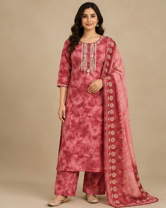 Brick Red Printed Silk Blend Suit Set for Women