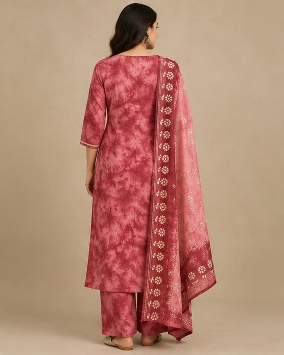 Brick Red Printed Silk Blend Suit Set for Women