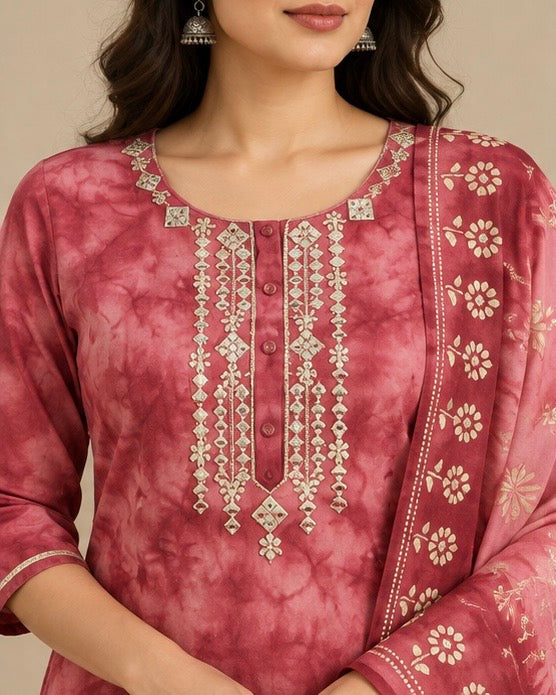 Brick Red Printed Silk Blend Suit Set for Women